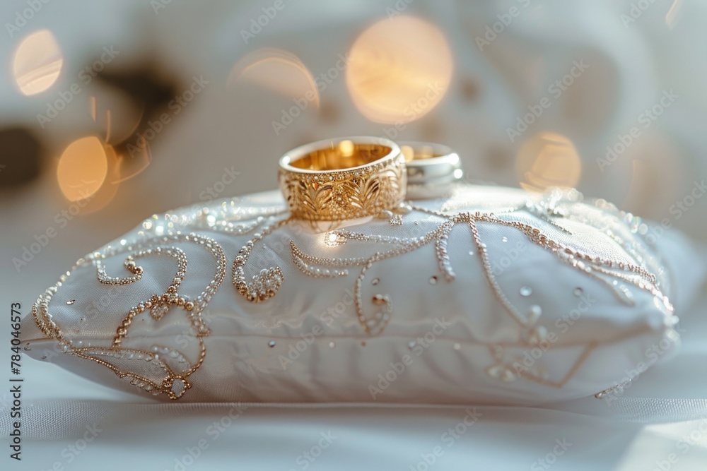 Fototapeta premium A wedding ring placed on a pillow, suitable for wedding and engagement concepts