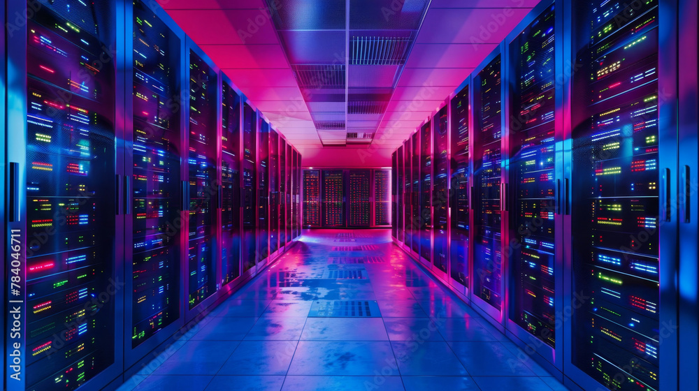 Fototapeta premium Vibrant, futuristic data center with rows of high-tech server racks illuminated by multi-colored LED lights, showcasing modern digital infrastructure.