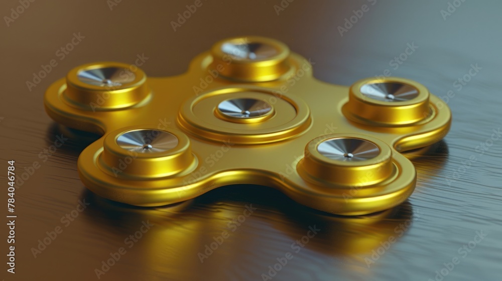 Shiny golden fidget spinner on a rustic wooden table, perfect for technology or relaxation concepts Shiny golden fidget spinner on a rustic wooden table, perfect for technology or relaxation concepts