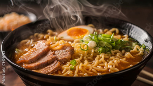 Close-up photo of a steamy, hot bowl of ramen noodles garnished with sliced pork, green onions, and half-boiled egg in a dark bowl.