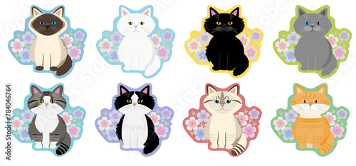 Cute cat sitting  with flowers sticker  collection vector illustration