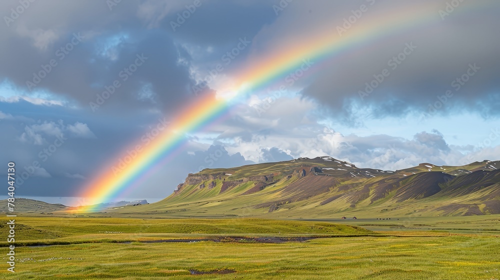   A rainbow shines vividly against the sky, above a lush green field Mountains and a crystal-clear stream lie in the foreground