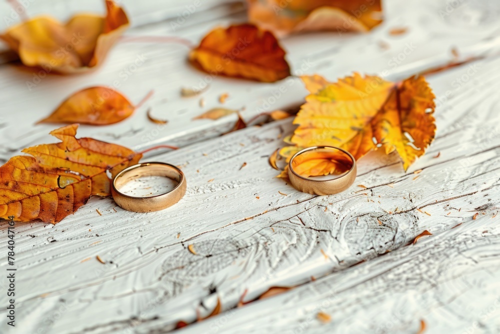 Fototapeta premium Two wedding rings displayed on a rustic wooden table, suitable for wedding or love-themed designs