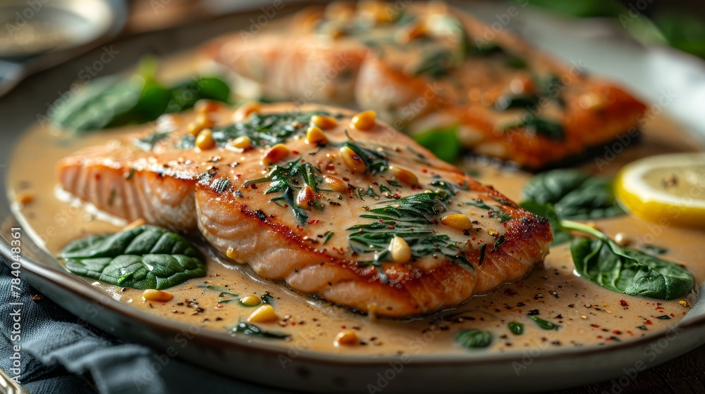 salmon and spinach arranged neatly, garnished with a sliced lemon salmon and spinach arranged neatly, garnished with a sliced lemon
