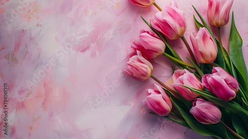 top view of pink tulips on table © Spyrydon