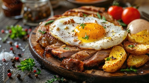 Plate of meat, potatoes, and egg, perfect for food blogs