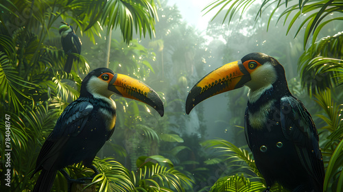 Illustration of a tropical rainforest with toucans.