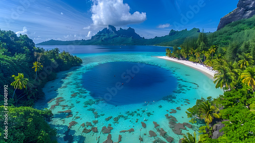 Bora Bora Aerial view. Tahiti, French Polynesia. White Sandy Beach and Mountain. Palm Trees and Blue Lagoon.  Art.