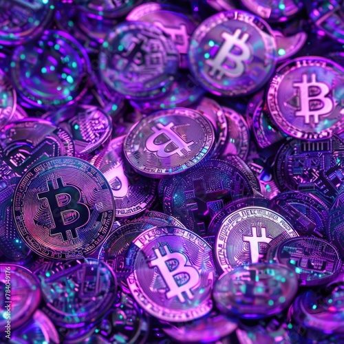 A pile of bitcoins with purple and blue lights. Perfect for finance and cryptocurrency concepts