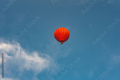 Luxor, Egypt - October 27, 2022. Balloon flying over Al Biirat village around the Valley of the Queens.