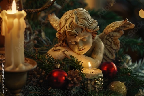 A serene angel statue perched atop a festive Christmas tree. Ideal for holiday decorations