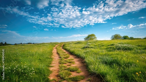 Dirt road in a grassy field under a blue sky. Suitable for outdoor and nature themes