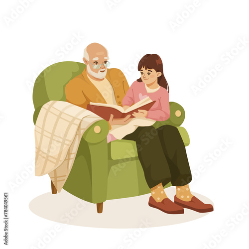 Grandparent and grandchild sitting on a chair, reading a book together, digital illustration on a plain background, concept of family bonding. Vector illustration