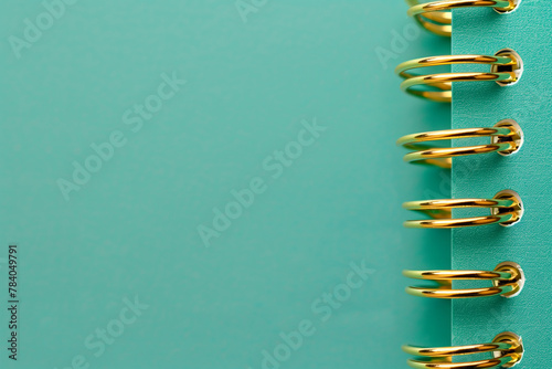 Minimalist image of a teal planner with gold rings on a teal background, a symbol of organization and modern design photo