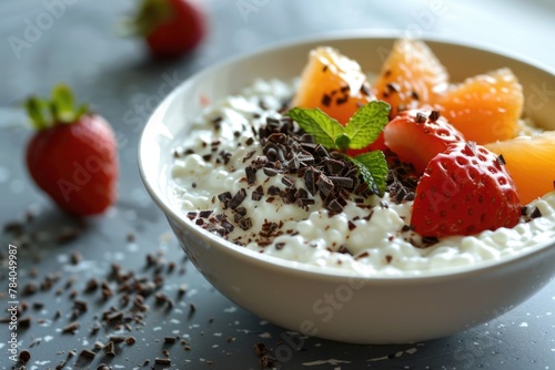 A bowl of yogurt topped with fresh fruit and decadent chocolate. Perfect for a healthy breakfast or dessert option