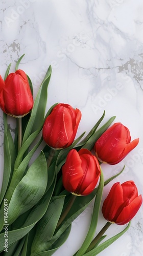 top of red tulips on table