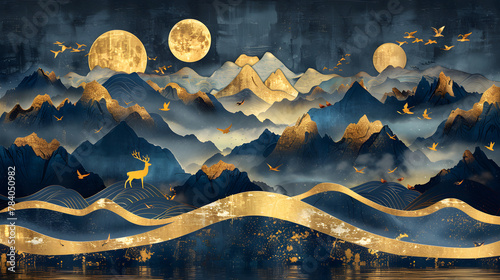 3d modern art mural wallpaper with dark blue and golden wave background. mountains, golden deer and birds. gold on a dark blue backdrop background