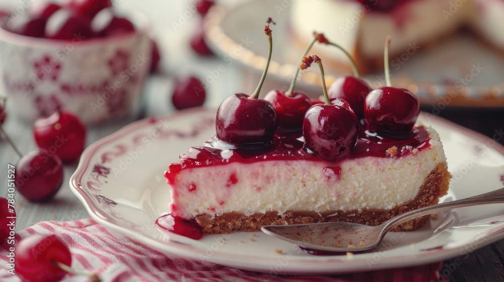 A delicious slice of cheesecake with cherries on a plate. Perfect for food blogs or bakery advertisements A delicious slice of cheesecake with cherries on a plate. Perfect for food blogs or bakery advertisements
