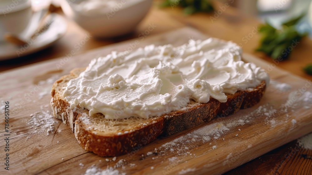 Piece of bread covered in whipped cream on a wooden cutting board, perfect for food bloggers Piece of bread covered in whipped cream on a wooden cutting board, perfect for food bloggers
