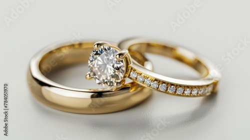 Elegant gold wedding rings with sparkling diamonds. Perfect for wedding invitations or jewelry ads
