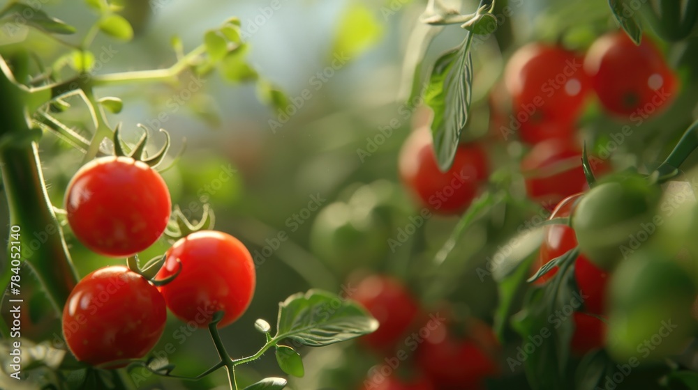 Close-up of ripe tomatoes on the vine, perfect for food and gardening concepts