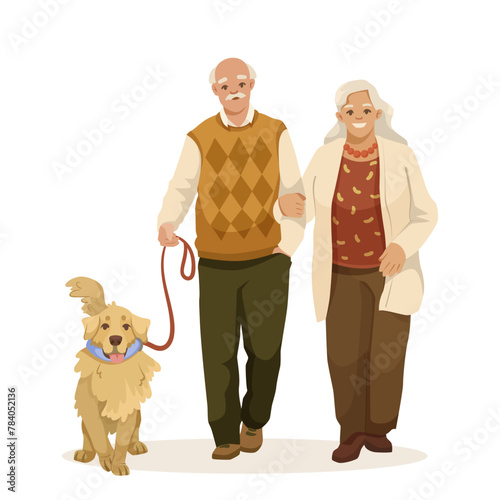Elderly couple walking with their happy golden retriever, flat style, white background, concept of companionship and pet ownership. Vector illustration