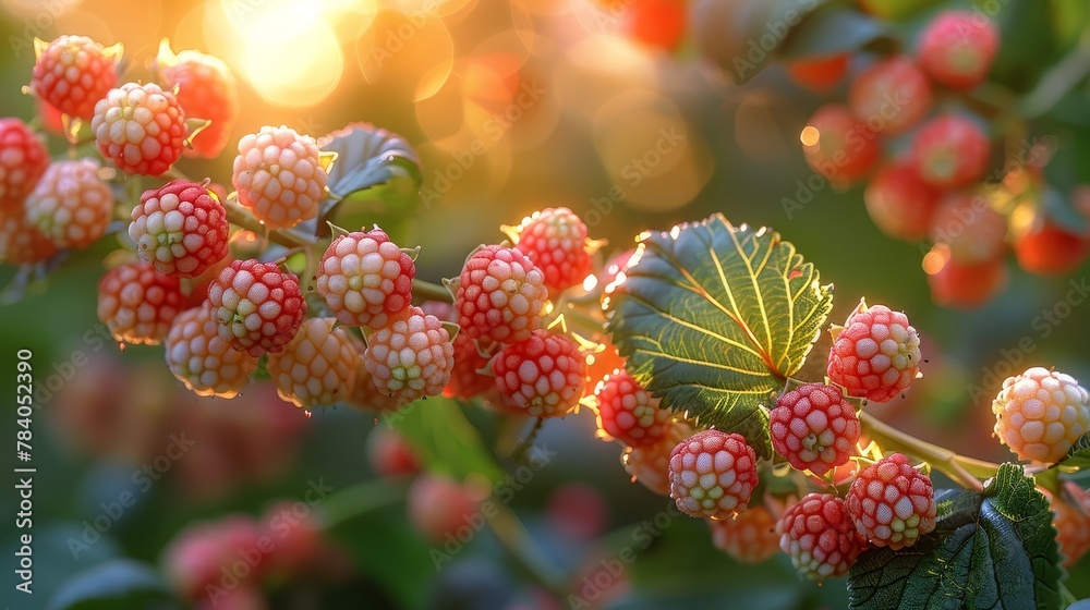 A tight shot of berry-laden branches against a backdrop of sunlit leaves The sun penetrates, illuminating the succulent berries A tight shot of berry-laden branches against a backdrop of sunlit leaves The sun penetrates, illuminating the succulent berries