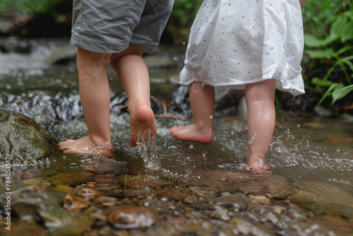 A cute sister and brother's feet splashing in a shallow stream, discovering rocks and small creatures.
