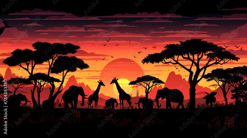   A group of giraffes stands next to one another on a verdant green field beneath a vibrant red-orange sky