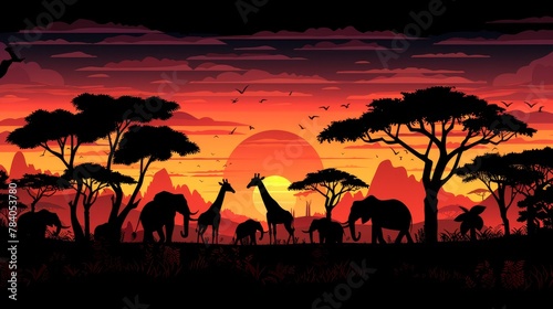  A group of giraffes stands next to one another on a verdant green field beneath a vibrant red-orange sky
