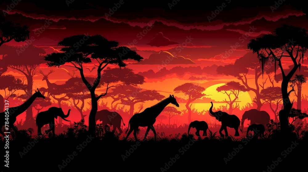   A herd of giraffes grazes atop a verdant field, bordering a dense forest teeming with trees