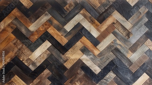 A diagonal chevron pattern of various shades of reclaimed wood planks providing a rustic and modern background