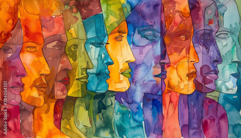 Abstract colorful art watercolor painting depicts a diverse group of people united.
