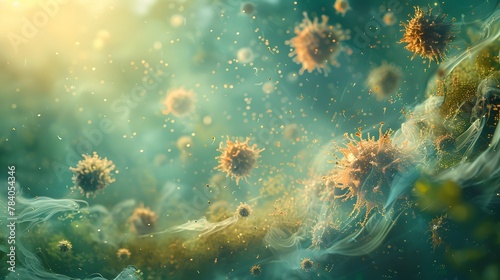 Creative representation of microscopic germs and dust particles swirling in a golden illuminated atmosphere