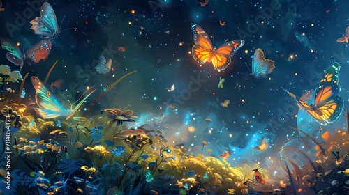 Captivating digital painting of butterflies dancing amongst flowers under a cosmic star-filled sky
