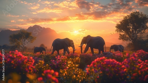   A herd of elephants atop a verdant field, adjacent stands a bloom of pink and purple flowers #784054377