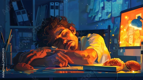 Exhausted Creative Professional Asleep at Desk Illuminated by Computer Screen Glow