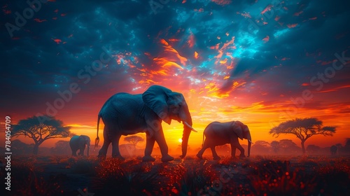  A couple of elephants stand next to each other on a lush green field beneath a blue-red clouded sky