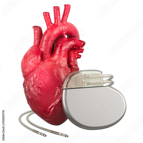 Human heart with Implantable Cardiac Device, 3D rendering isolated on transparent background