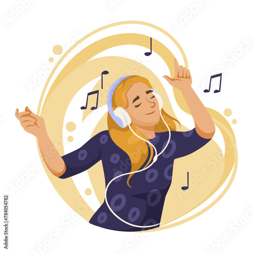 A joyful woman listening to music with headphones, vector illustration on a light background, concept of enjoyment and relaxation. Vector illustration
