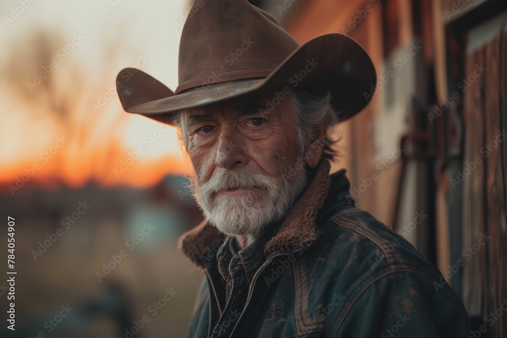 The image captures a cowboy in traditional attire at sunset, exuding a sense of nostalgia and the American West The image captures a cowboy in traditional attire at sunset, exuding a sense of nostalgia and the American West