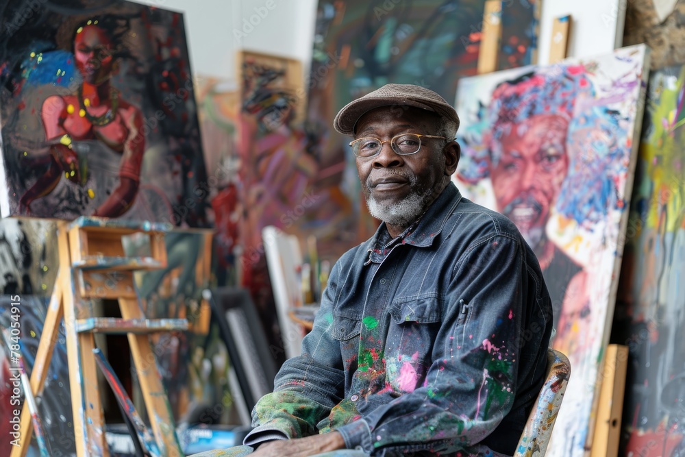 An elderly male artist sits in his studio surrounded by colorful paintings and brushes