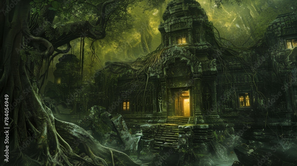 The awe-inspiring ruins of an ancient structure peer through a foggy jungle, with glowing entrances hinting at secrets within