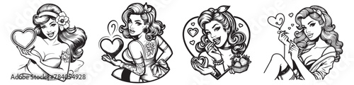 Romantic Pin Up Girl Holding Heart Vector Illustration