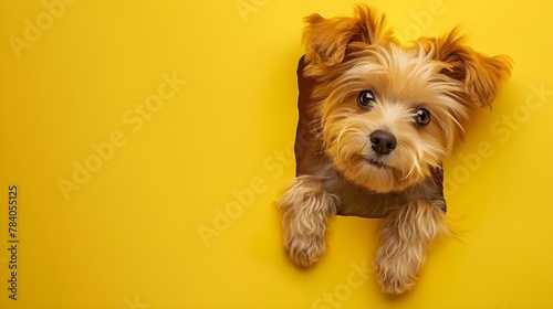 Cute dog peeking through torn yellow paper, funny adorable yorkshire terrier puppy playing peekaboo, empty copy space frame, mockup concept