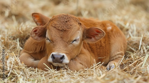  A small, brown cow lies atop a mound of dry grass in a field covered with similar hue and texture