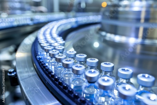 A conveyor belt in motion with rows of sealed vials under inspection lights, indicative of mass pharmaceutical production and technology