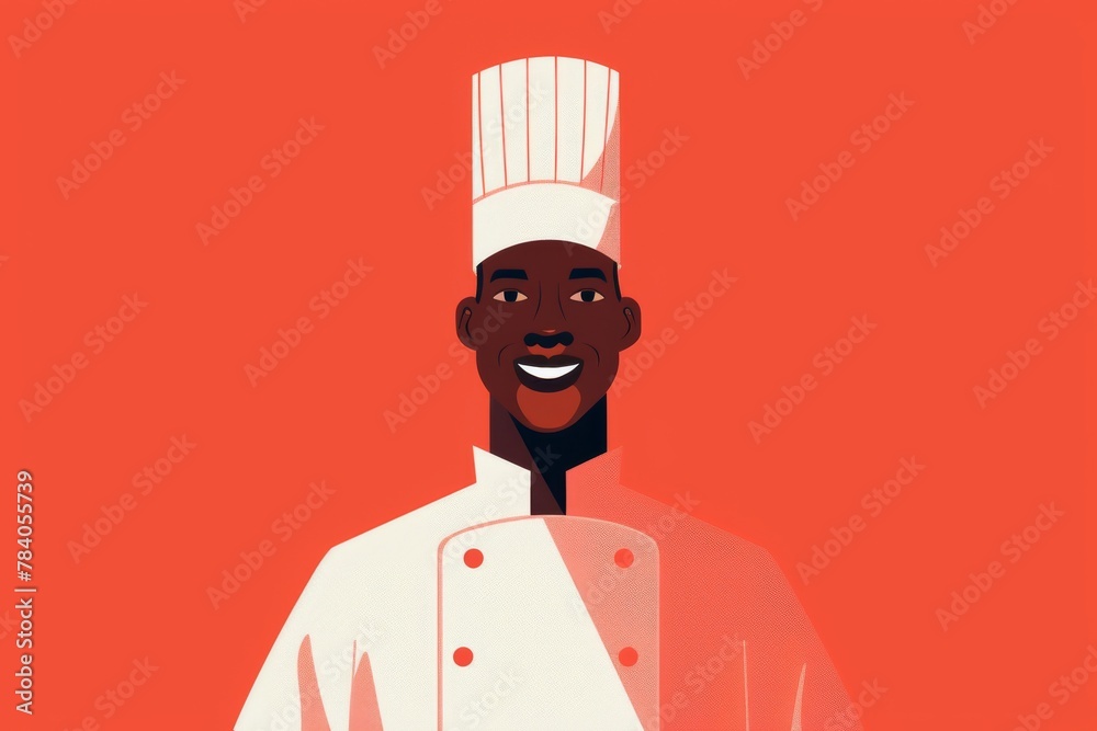 A striking illustration showing a chef in white attire stands out against a vivid red background, focusing on food artistry