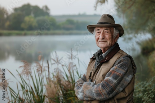 A cheerful elderly man with crossed arms stands confidently in front of a serene lake © ChaoticMind
