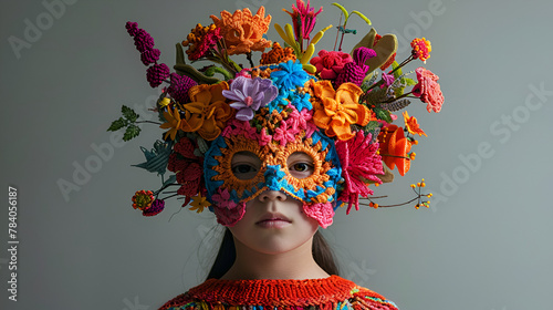 Young girl in colorful crochet mask